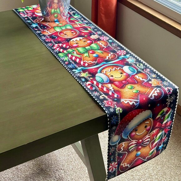 72" Whimsical Vibrant Gingerbread People Candy Snowflakes Christmas Table Runner - Picture 2 of 10